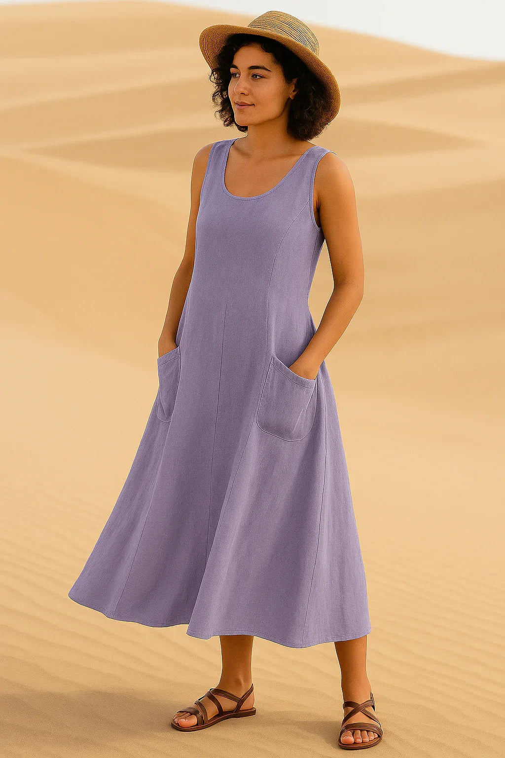 Vestido Isadora  Midi sem Mangas e Bolsos Frontais